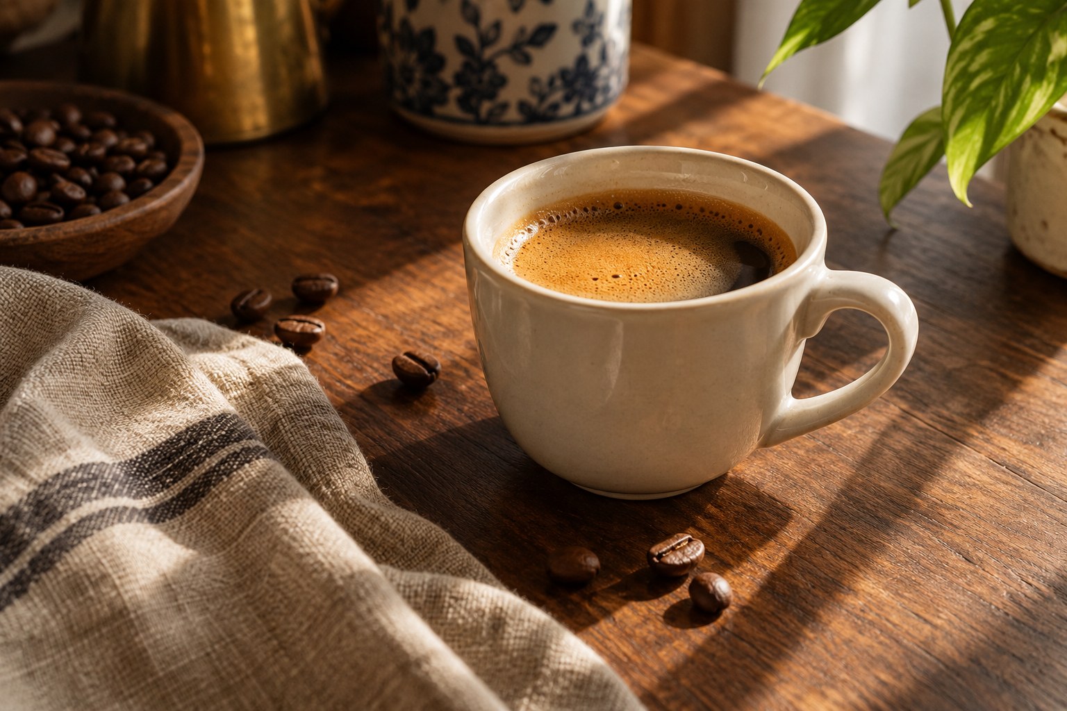 A warm cup of espresso in morning sunlight on a wooden table